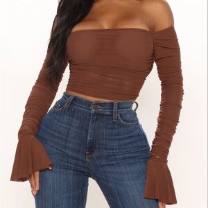 Mesh Up Ruched top- Chocolate